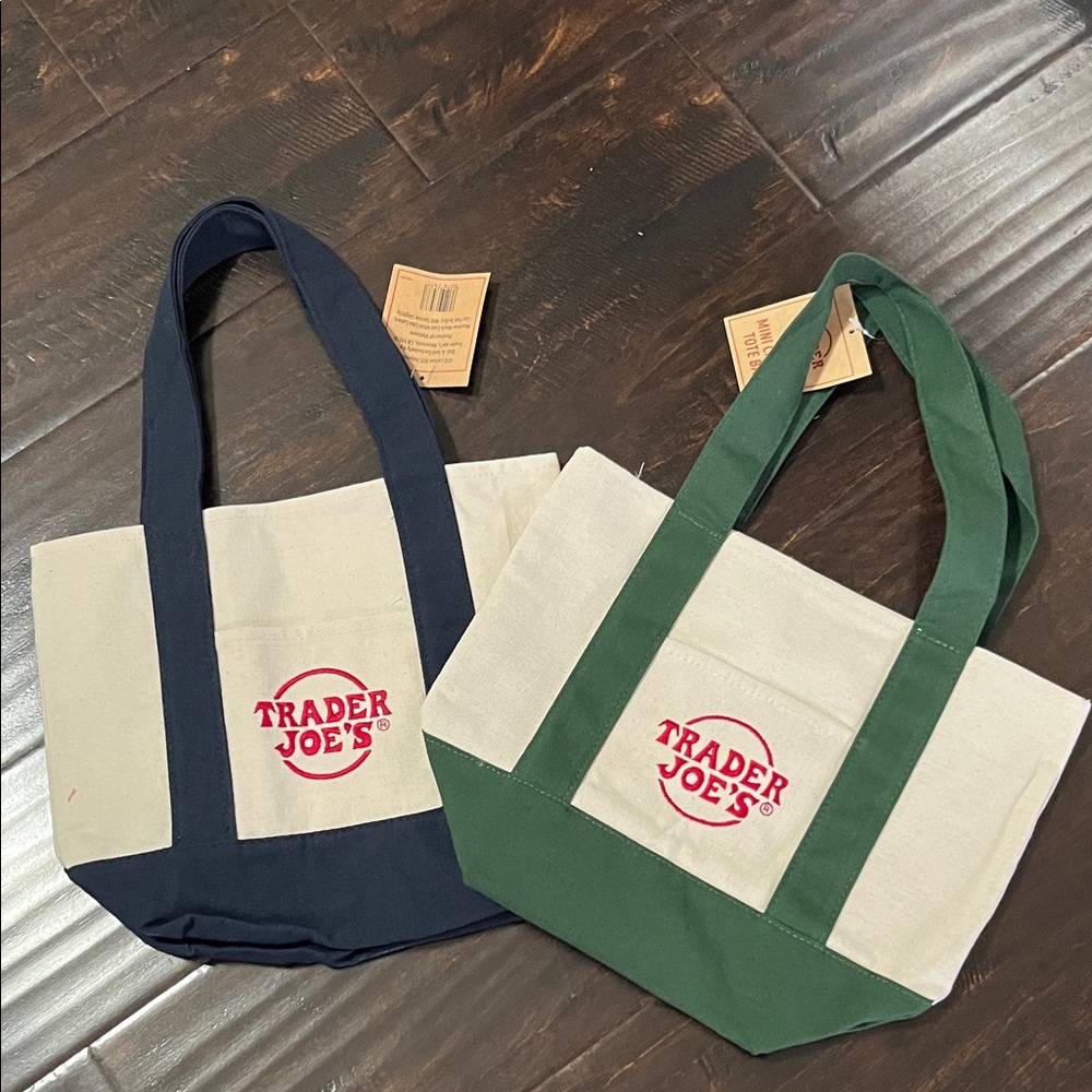 Set of 2 small Trader Joe's Canvas Tote Bag Set - Navy and Green 10’x14’ inches